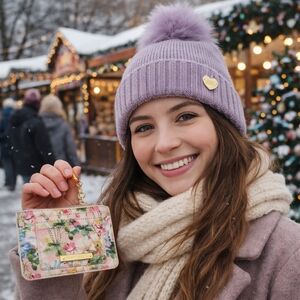 Betsey Johnson Lavender Knit Hat and Floral Card Holder Bundle Set